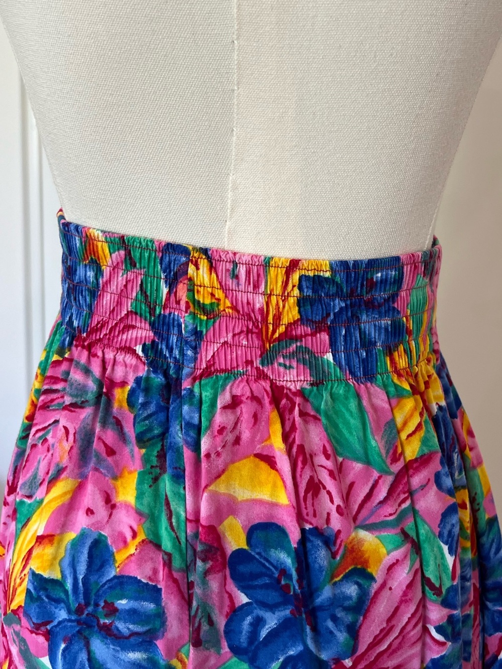 Vintage Tropical Floral Midi Skirt High Waist Belted Resort Euro Summer Rayon - Picture 3 of 5